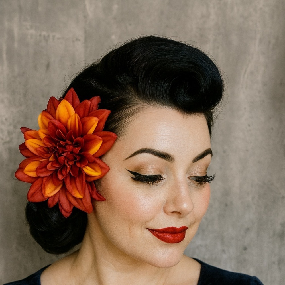 Handmade Orange Dahlia & Midnight Blue Delphinium Hair Flower Clip Pinup Retro